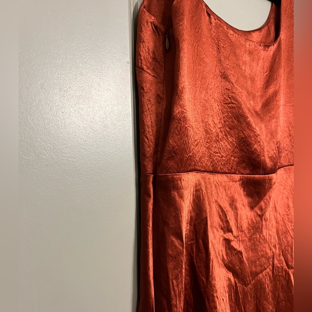 VINCE Fitted Satin Slip Midi Dress in Sangre - Picture 5 of 10